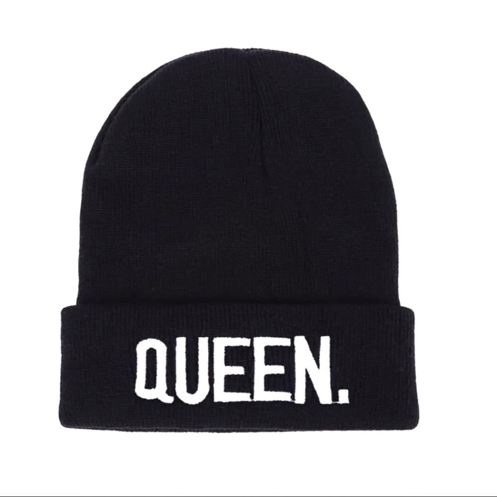 Unisex QUEEN Black & White Thermal Knit Winter Beanie